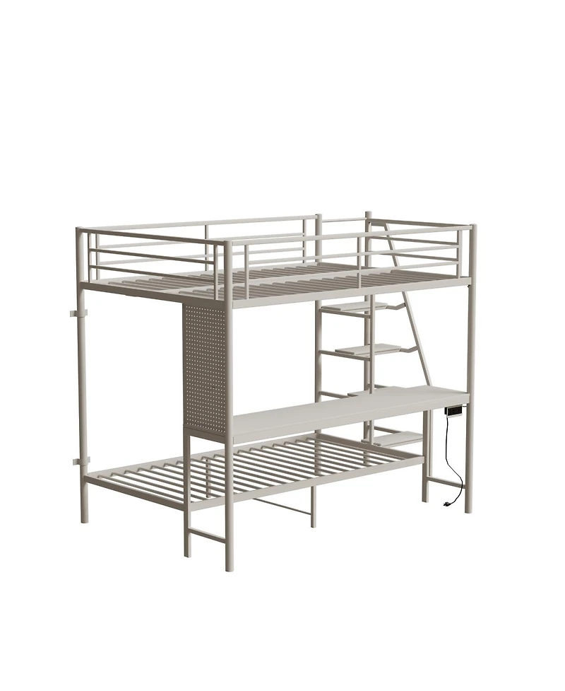 Streamdale Furniture White full size bunk bed with twin size, Led light and charging socket