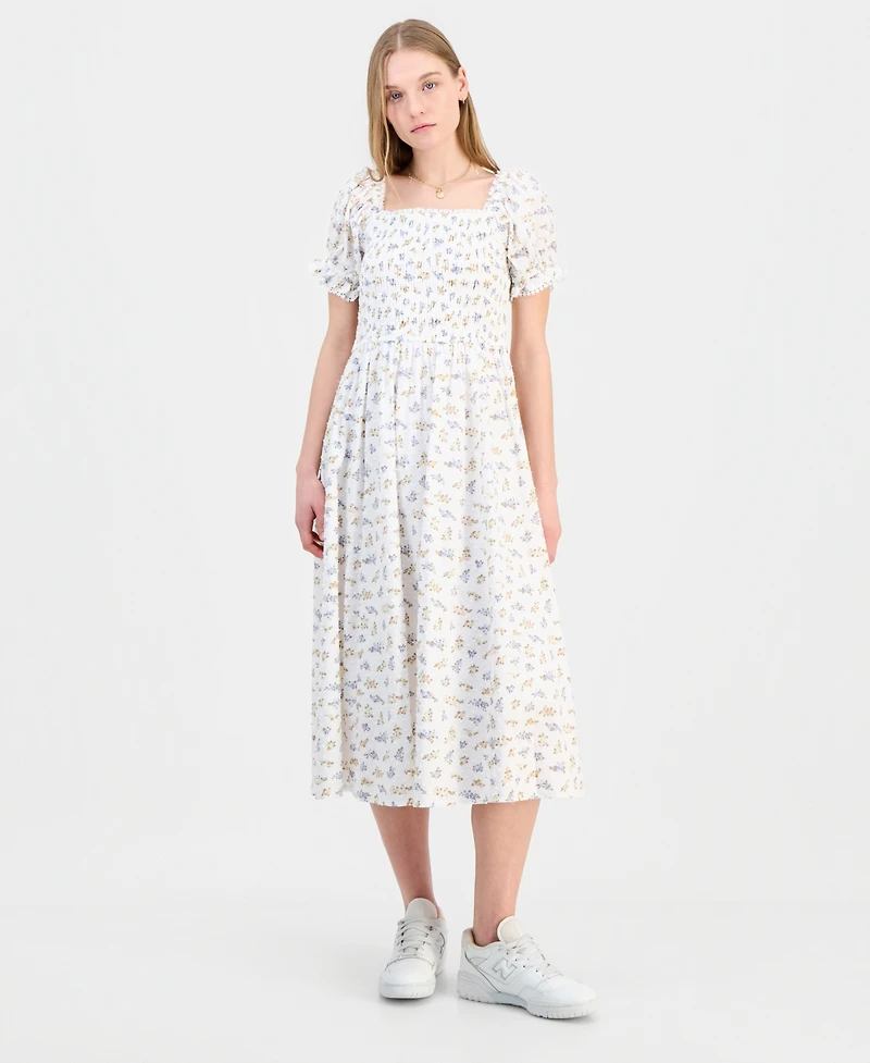 Celebrity Pink Juniors' Textured Floral Printed Puff-Sleeve Midi Dress