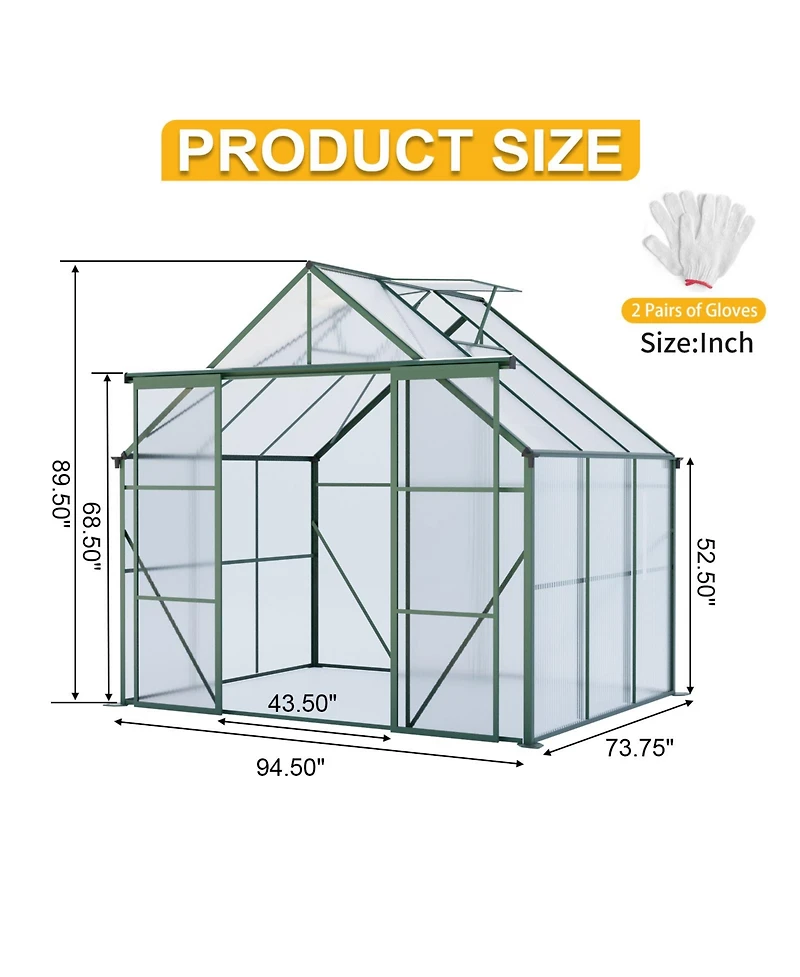 Mondawe 8x6FT Double Door Polycarbonate Greenhouse with Base Anchoring