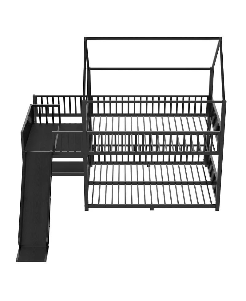 Streamdale Furniture Full Metal House Bunk Bed with Storage Stairs, Slide, Safety Rails