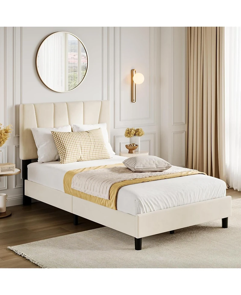 gaomon Bed Frame with Adjustable Headboard, Linen Upholstered Platform Bedframe Strong Wooden Slats, Easy Assembly