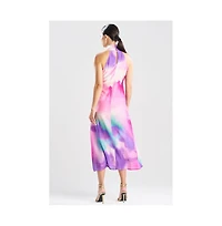 Natori Women's Watercolor - Sheer Texture Halter Maxi Dress w/ Hammered Brass Ring