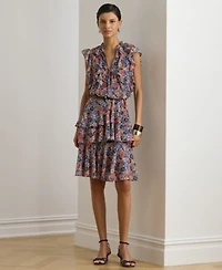 Lauren Ralph Lauren Womens Floral Ruffle Trim Split Neck Dress