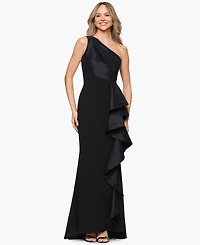 Betsy & Adam Women's Long One Shoulder Ruffle Ball Gown Dress