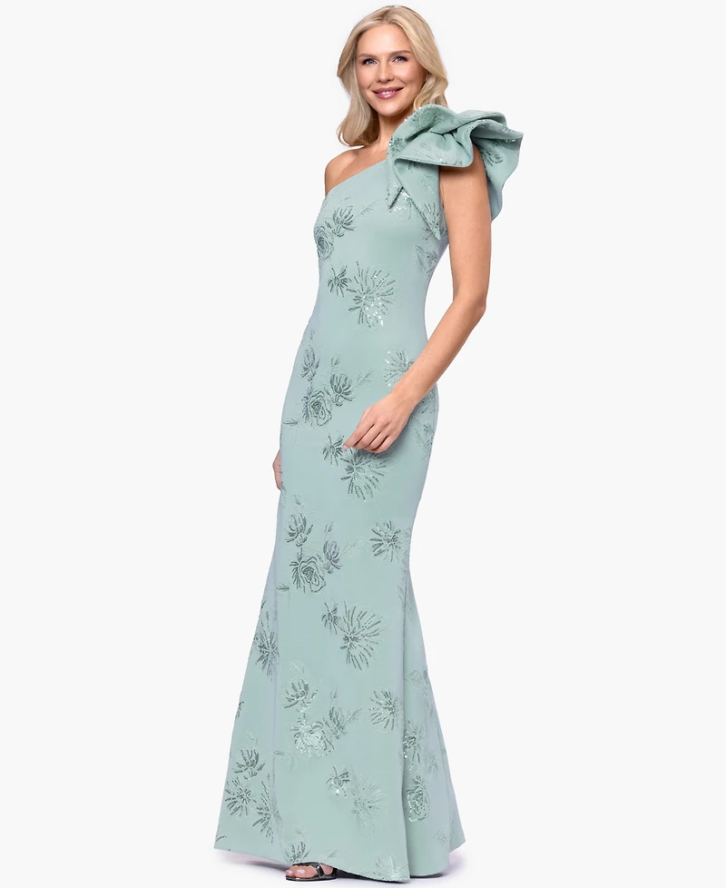 Betsy & Adam Women's One Shoulder Sequin Floral Ball Gown