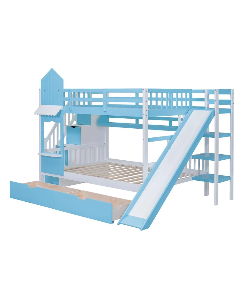Streamdale Furniture Full-Over-Full Castle Style Bunk Bed with 2 Drawers 3 Shelves and Slide
