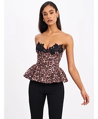 Miss Circle Women's Qiara Cheetah Print Peplum Top with Lace Trim