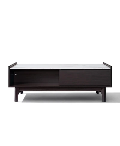 LuxenHome Modi Wenge Coffee Table with 1 Door, Open Storage & Raised Sides, Faux Marble Top, Manufactured Wood