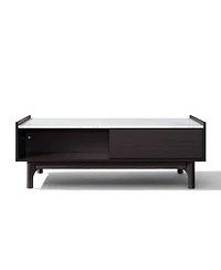 LuxenHome Modi Wenge Coffee Table with 1 Door, Open Storage & Raised Sides, Faux Marble Top, Manufactured Wood