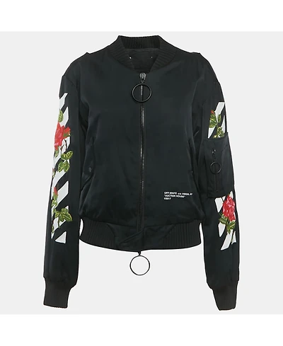 Pre-Owned Off-White Women's Black Rose And Arrow Embroidered Satin Bomber Jacket