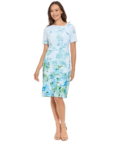 London Times Petite Printed Tie Neck Sheath Dress