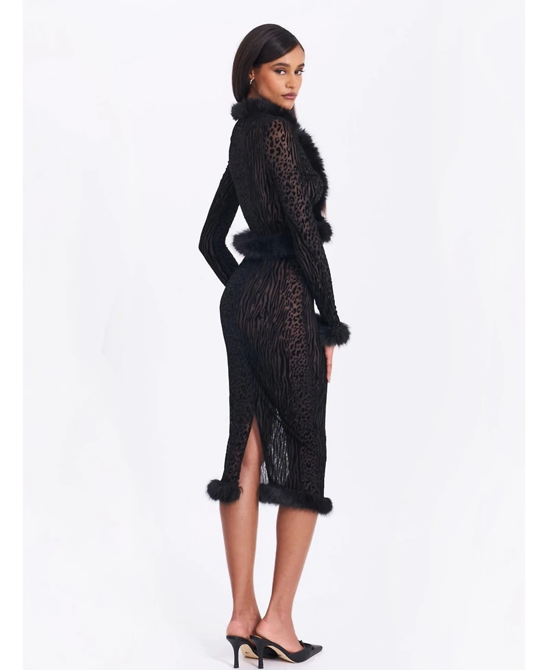 Miss Circle Women's Hali Animal Print Burnout Velvet Fur Trim Top