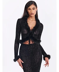 Miss Circle Women's Hali Animal Print Burnout Velvet Fur Trim Top