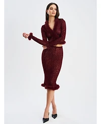 Miss Circle Women's Halia Burgundy Animal Print Burnout Velvet Fur Trim Skirt