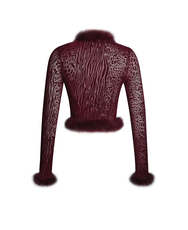 Miss Circle Women's Hali Burgundy Animal Print Burnout Velvet Fur Trim Top