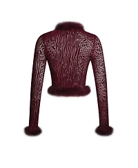 Miss Circle Women's Hali Burgundy Animal Print Burnout Velvet Fur Trim Top