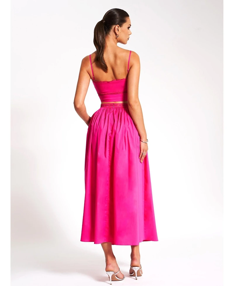 Miss Circle Women's Maya Fuchsia Cotton Poplin Top With Lace Trim