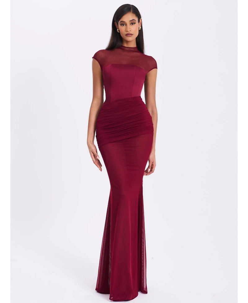 Miss Circle Women's Fabienne Burgundy Mesh Cap Sleeve Mermaid Gown