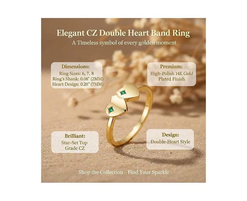 GiGiGirl Elegant Cz Double Heart Band Ring 14K Gold Plated