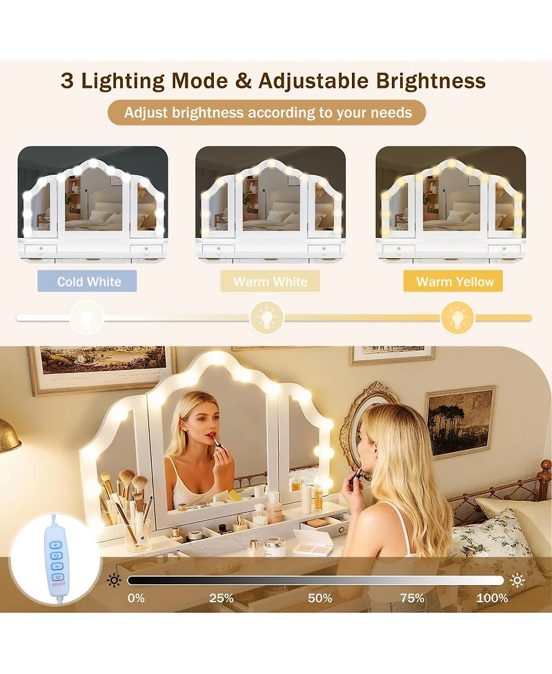 Streamdale Furniture Makeup Vanity Desk with 13 Hollywood Bulbs, 3 Lighting Modes, Tri-Fold Mirror, 5 Drawers