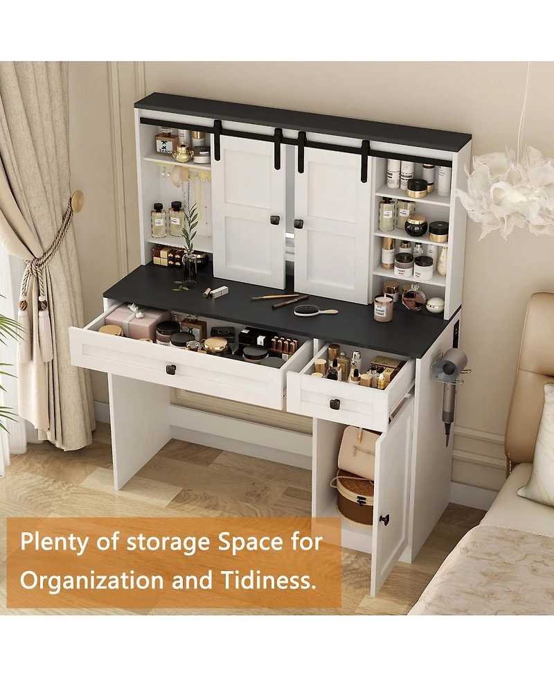 Streamdale Furniture Farmhouse Dressing Table with Lighted Mirror and Drawer