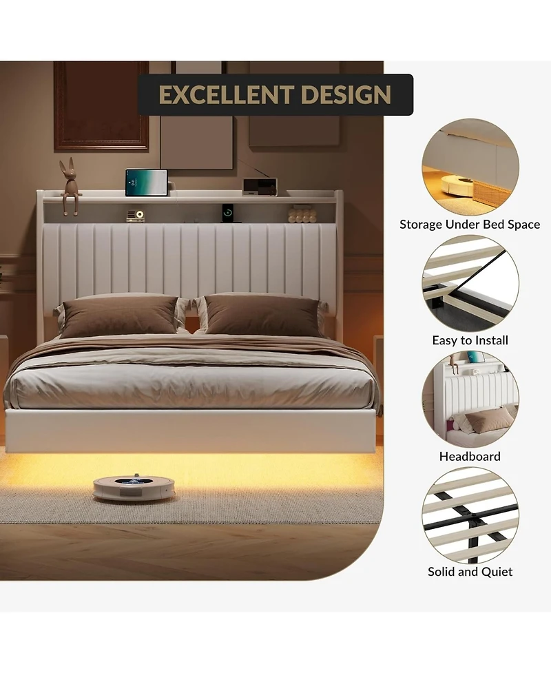 gaomon Floating Bed Frame with Led Lights and Charging Station,Upholstered Platform Headboard Storage Shelf