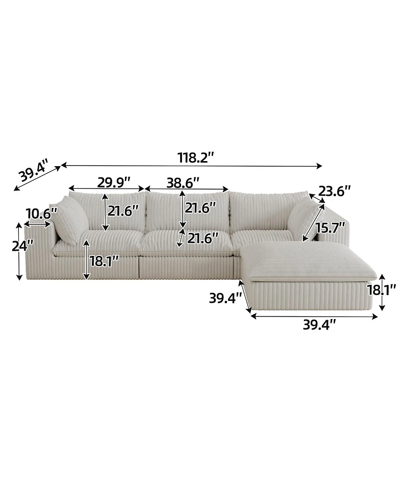 Streamdale Furniture 118.2" Cloud Sofa, Corduroy, Deep Seat, Double-layer, Removable Cushion.