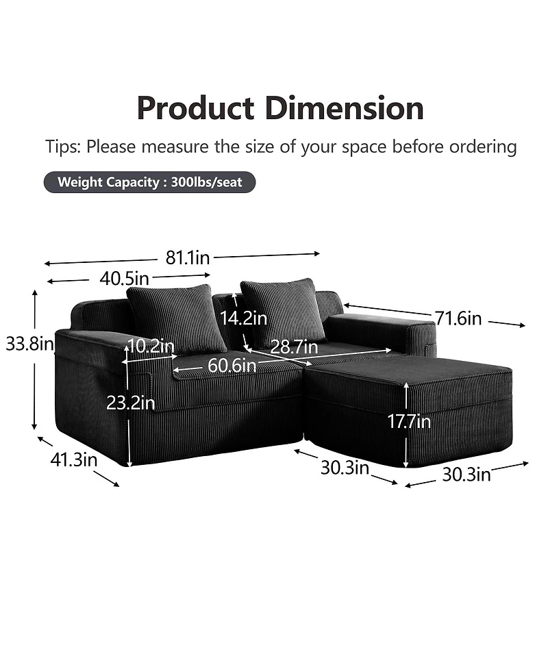 Streamdale Furniture Modular 2 Seat L Shape Sectional Sofa, Cloud Couch with Ottoman