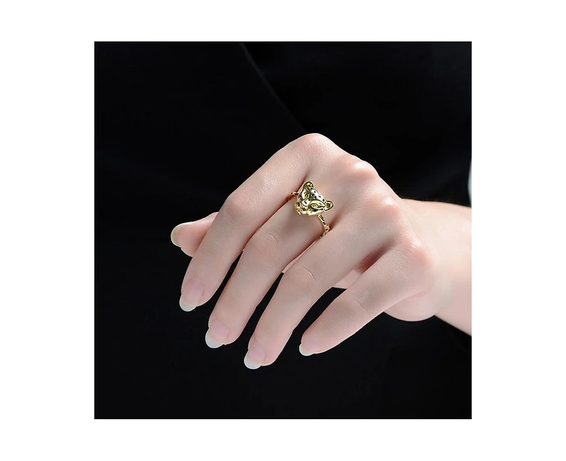 Rachel Glauber Black Enamel Leopard Face Statement Ring 14K Gold Plated