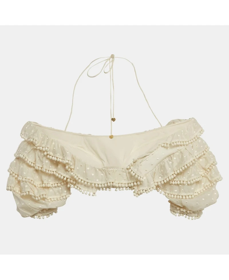 Pre-Owned Zimmermann Women's Off White Cotton Blend Ruffled Off Shoulder Crop Top