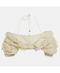 Pre-Owned Zimmermann Women's Off White Cotton Blend Ruffled Off Shoulder Crop Top