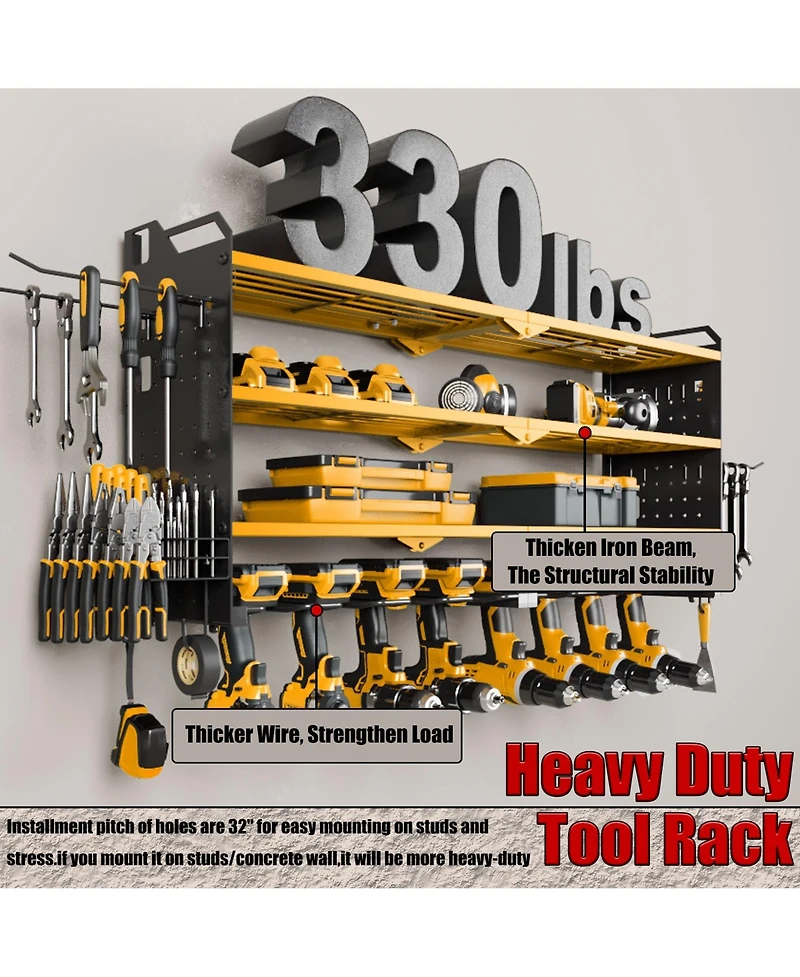 Hausource 32" Wall Mount Tool Organizer 4 Layers Garage Storage Racks with 8 Drill Holders, Power Adapter for Home Organization