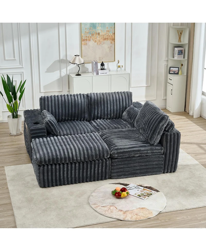 Streamdale Furniture Luxury Ribbed Chenille Upholstered Modular Sectional Sofa with Ottoman-Gray
