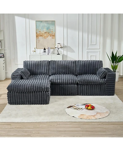 Streamdale Furniture Luxury Ribbed Chenille Upholstered Modular Sectional Sofa with Ottoman-Gray