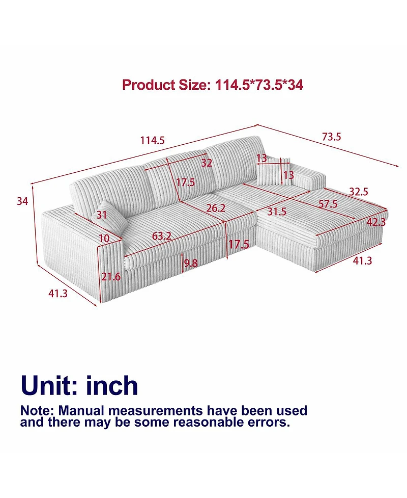 Streamdale Furniture Modern Corduroy Modular Sofa, Recliner Seat, 2-in-1 L-Shaped Sofa with Pillows
