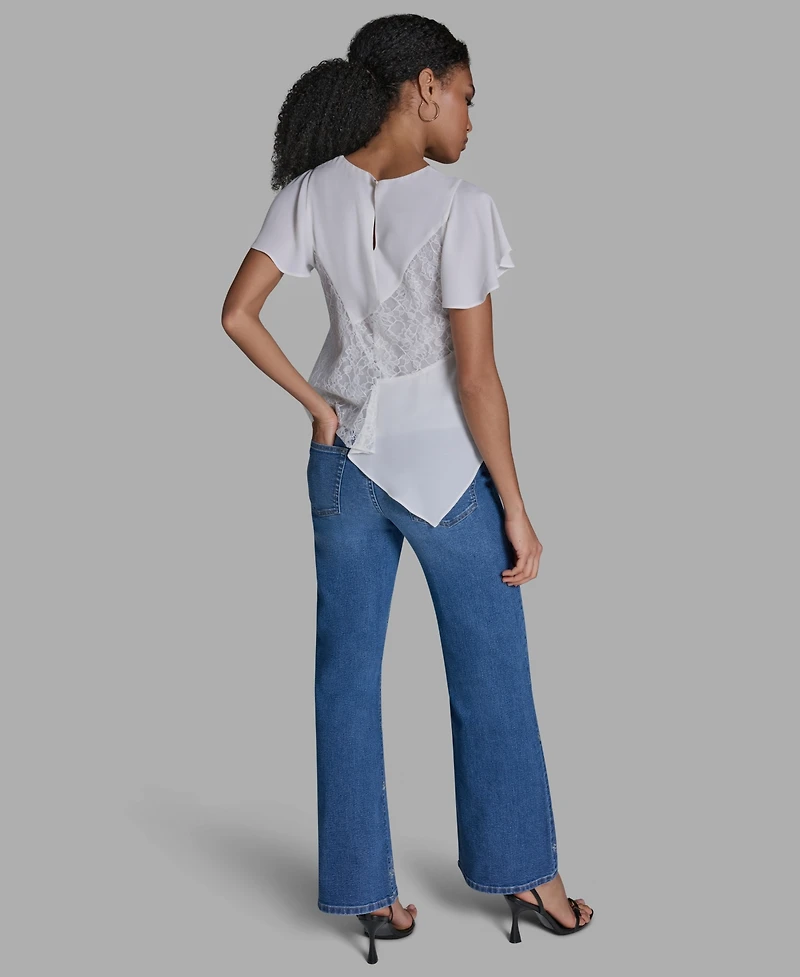 Bcbg Women's Crewneck Flutter-Sleeve Asymmetrical Lace Top