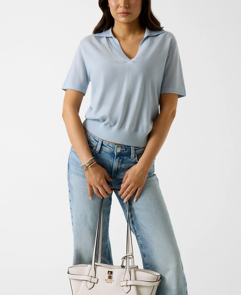 Guess Juniors' Short-Sleeves Rhinestones Polo Stormi Sweater