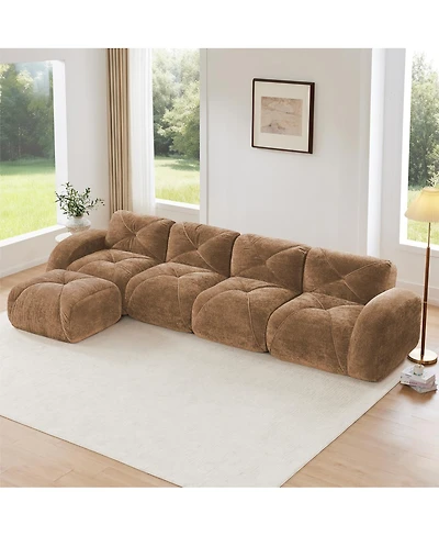 Streamdale Furniture L-shaped Velvet Tufted Sofa with Movable Ottoman, Camel