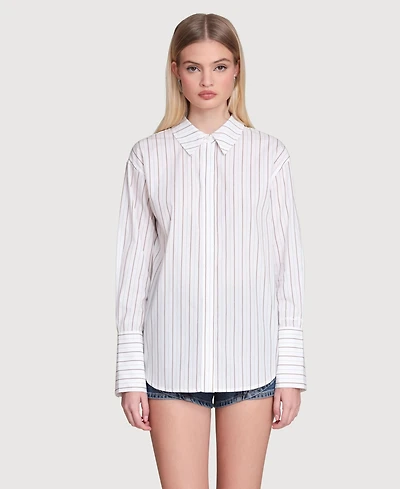 Avec Les Filles Women's Spread Collar Stripe Button Down Shirt