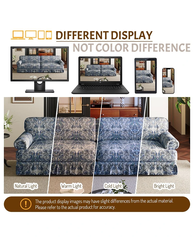 Streamdale Furniture 74" 3-Seater Cloud Couch, Oxford Fabric Sofa with Rolled Arms & Skirt, Blue Floral