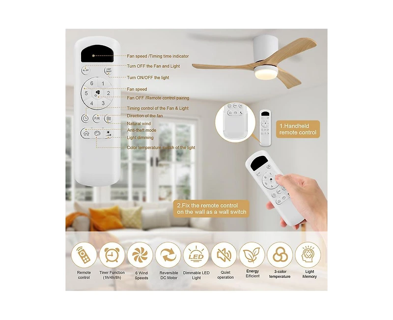 Sofucor 42-inch Minimalist 3-Blade Flush Mount Ceiling Fan with Light Remote Control and Timing Function