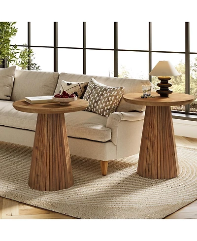 Tribesigns Solid Wood End Table Set of 2, 19" Small Round Pedestal Side Table with Fluted Base, Farmhouse Bedside Table for Living Room, Small Sp