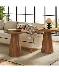 Tribesigns Solid Wood End Table Set of 2, 19" Small Round Pedestal Side Table with Fluted Base, Farmhouse Bedside Table for Living Room, Small Sp