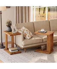 Tribesigns Solid Wood C-Shaped End Table Set of 2, Wooden Side Table for Sofa, 2-Tier Bedside Nightstand for Living Room, Bedroom
