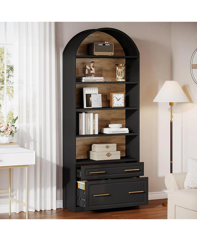 Tribesigns 76.8" Tall Arched Bookcase Set of 2, 5-Tier Bookshelf with File Cabinet Drawer, Modern Freestanding Wooden Bookshelves, Storage Shelve