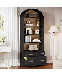 Tribesigns 76.8" Tall Arched Bookcase Set of 2, 5-Tier Bookshelf with File Cabinet Drawer, Modern Freestanding Wooden Bookshelves, Storage Shelve