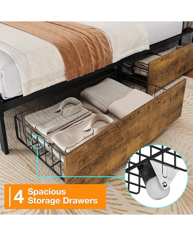 Gaomon Queen Size Bed Frame with Ergonomic Headboard and Charging Station, Upholstered Platform Bed, Metal Industrial Bed Frame with 4 Storage Drawers