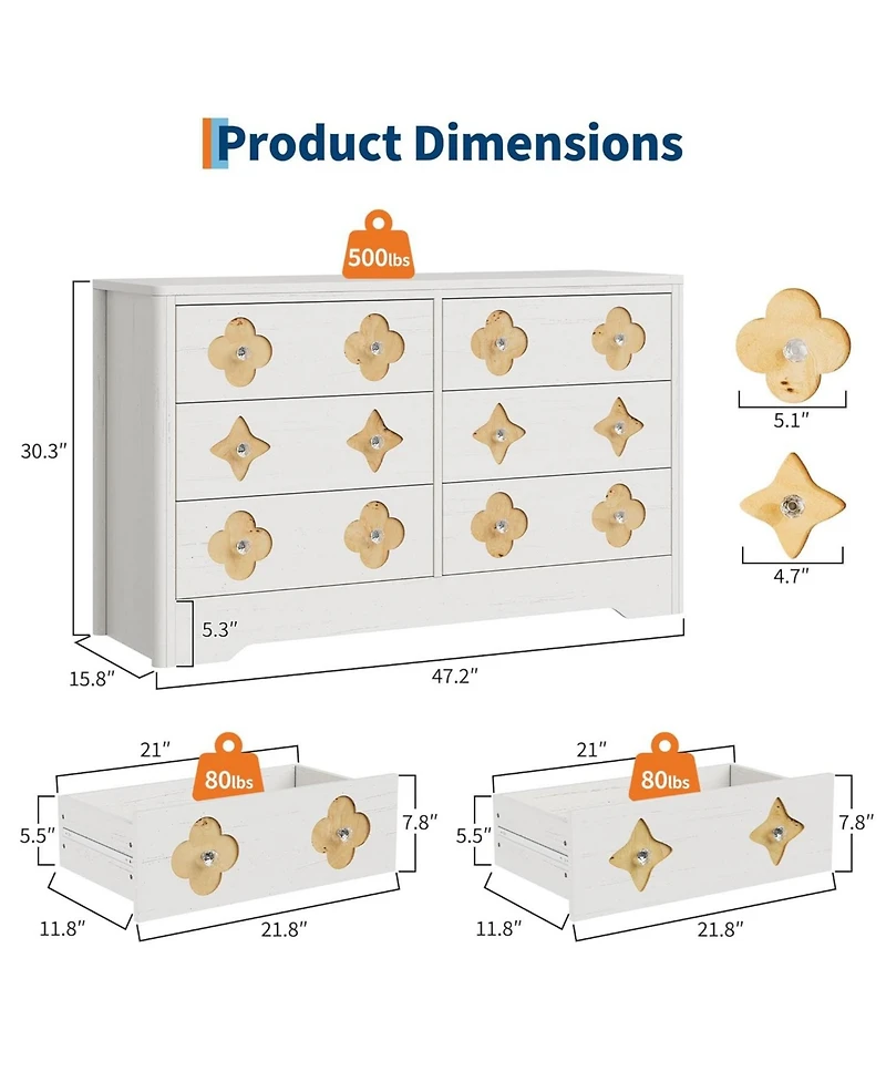 gaomon Fluted 6-Drawer Dresser for Bedroom, 47.4" Wide Wooden Chest with Large Storage & Tv Stand Use, White