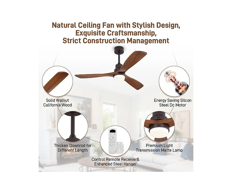 Sofucor 52-inch Modern Brown 3-Blade Ceiling Fan with Remote Control and Light Kit