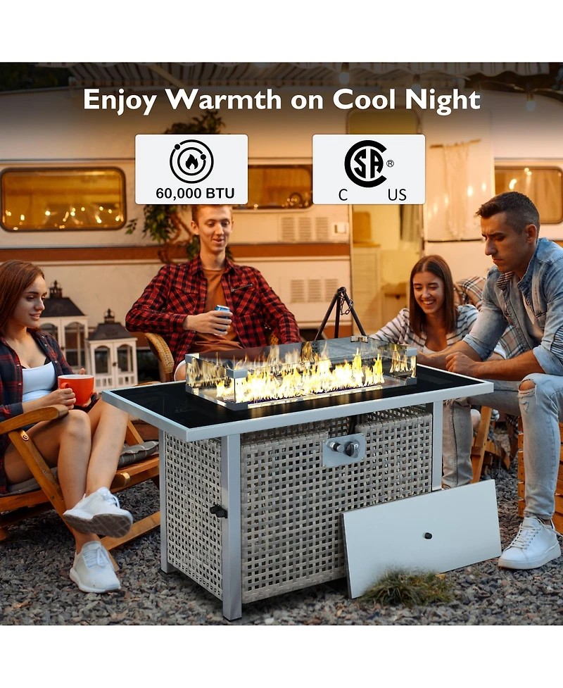Flynama K&K 43 Inch Propane Gas Fire Pit Table 60000 Btu Rectangular Open Weave Wicker with Glass Wind Guard for Outdoor Patio Garden